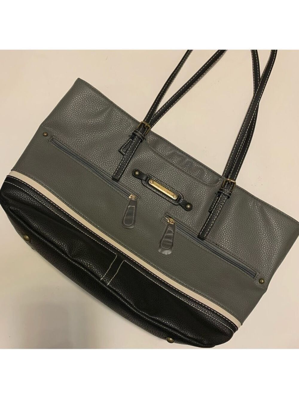 STONE MOUNTAIN Talia tote purse pebble grain leather gray ivory black zip top